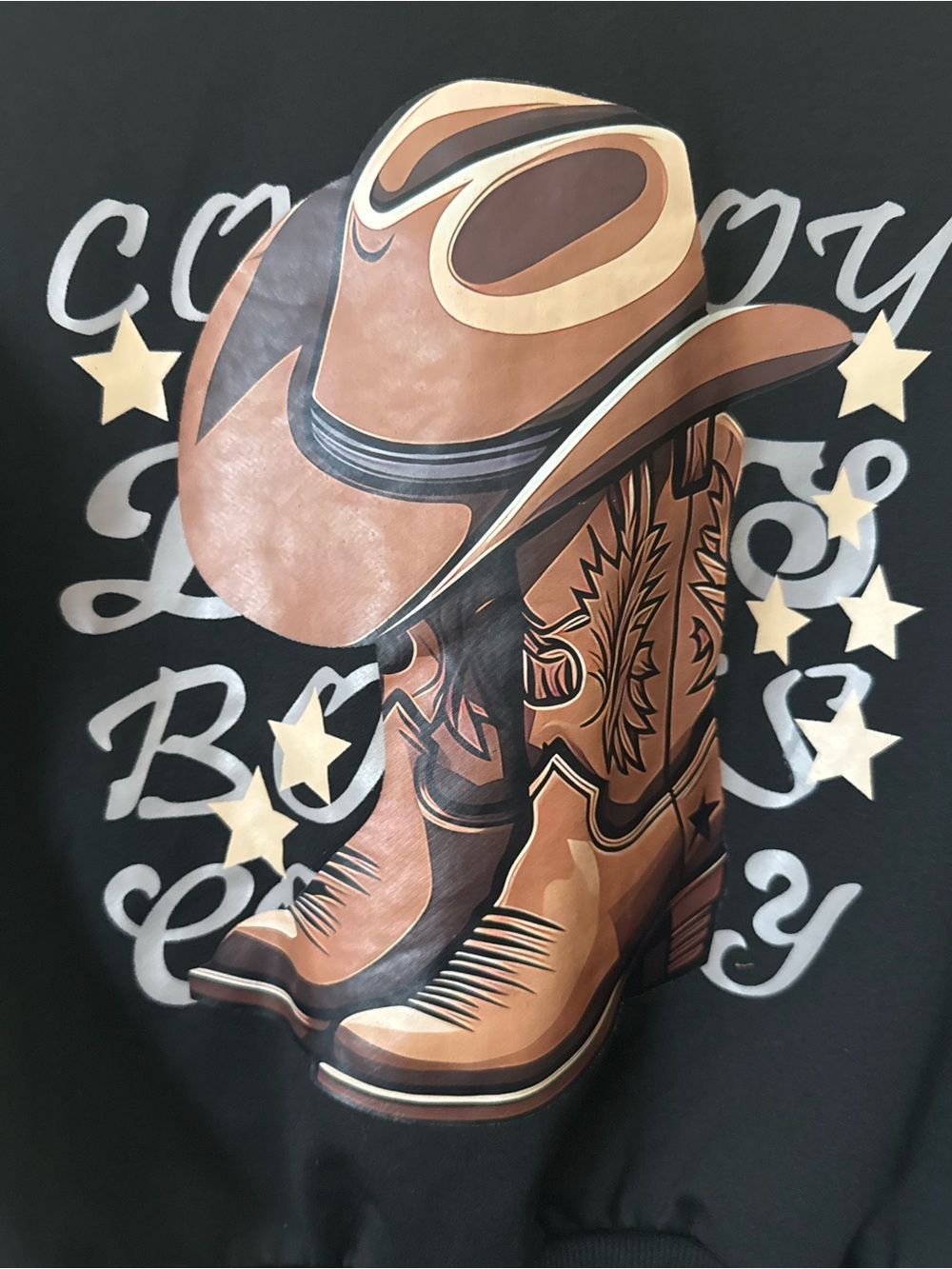 Kids Black Graphic Hoodie with Cowboy Boots & Hat Print Sz 8Y